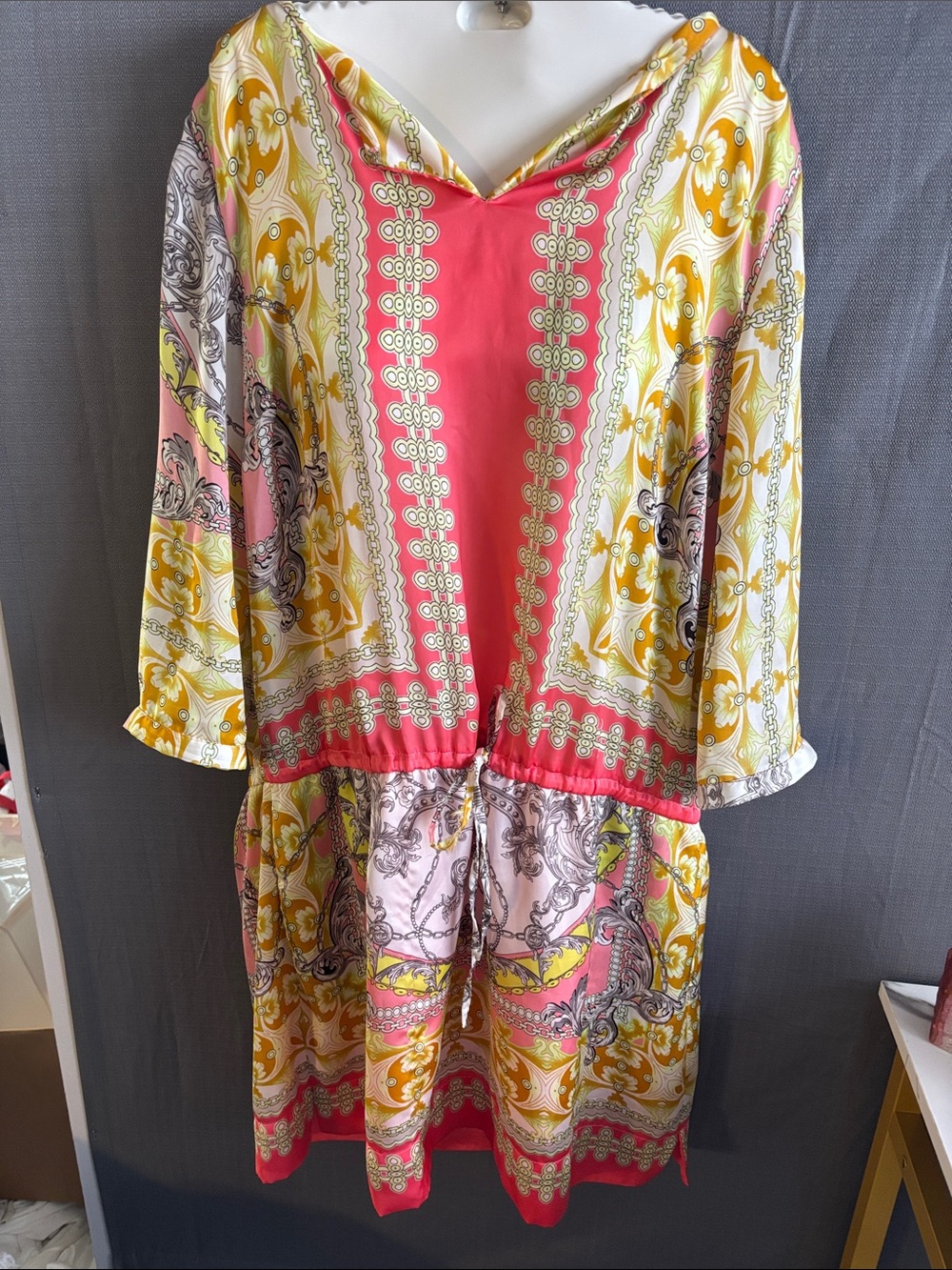 JLO Silk-Feel Printed Drawstring Waist Dress - Pink & Yellow